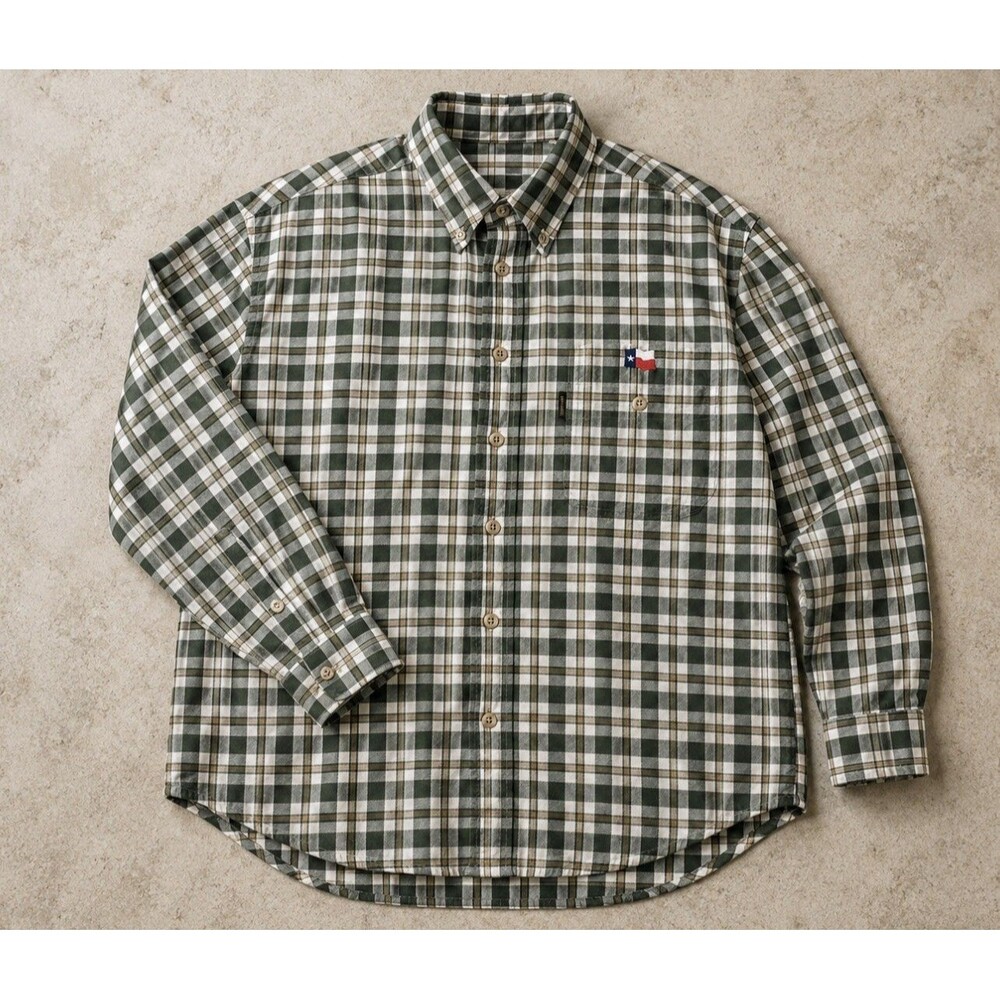BERETTA Italy XL Plaid Flannel Shirt Texas Flag Logo Green Cotton Cabin Hunting